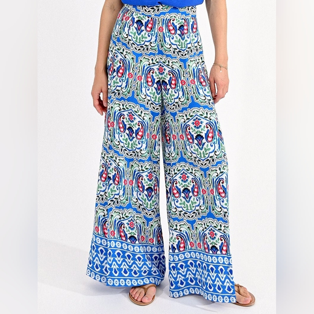 NWT Molly Bracken printed palazzo Dress Summer pants blue multicolor geometric L